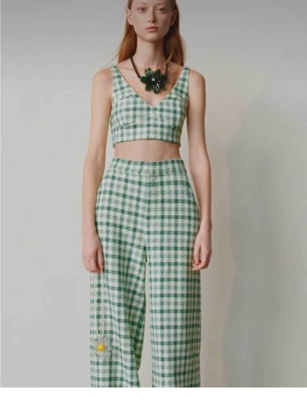 ZARA Green Gingham High-Waist Wide-Leg Pants set